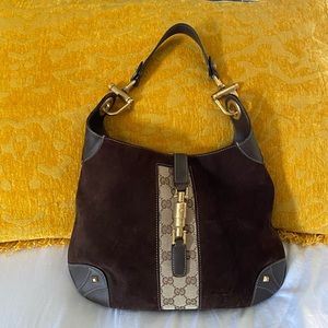 GUCCI brown suede monogram Jackie O Hobo Bag